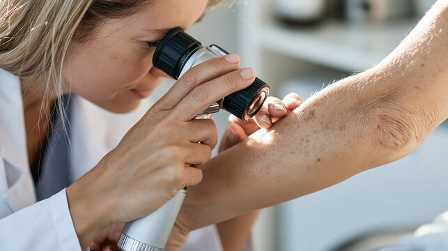 Female Dermatologist Using Dermatoscope Examining Moles and Freckles on Patient Arm for Skin Cancer Screening