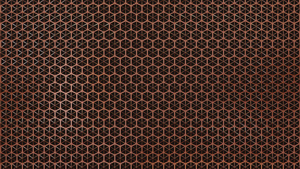 Geometric copper hexagon mesh pattern background with metallic 3D texture and repeating grid © Bawornpak