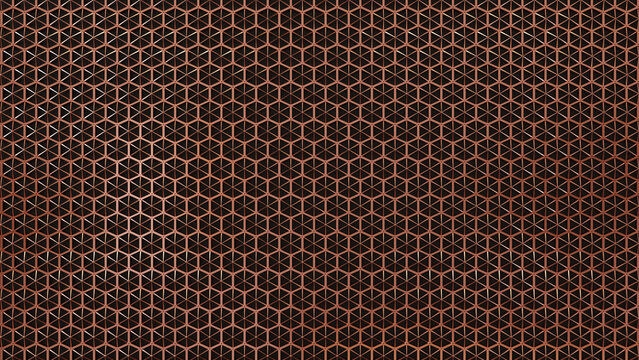 Geometric copper hexagon mesh pattern background with metallic 3D texture and repeating grid