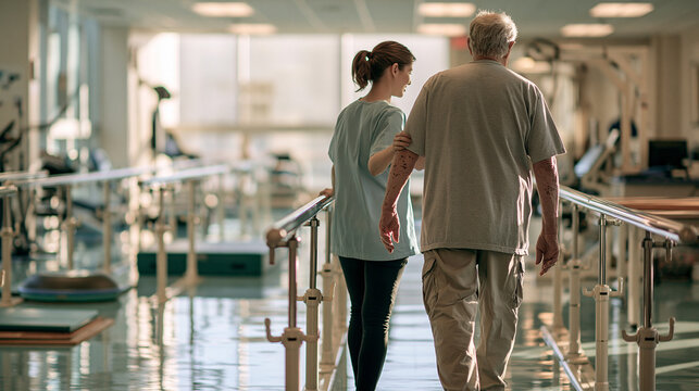 Female Physiotherapist Assisting Senior Man Walking with Parallel Bars in Rehabilitation Clinic Gym