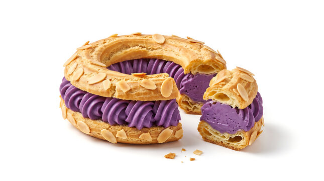 French Paris-Brest made with golden choux pastry, vivid purple ube mousseline, and macadamia praline cream, sliced open and isolated on white