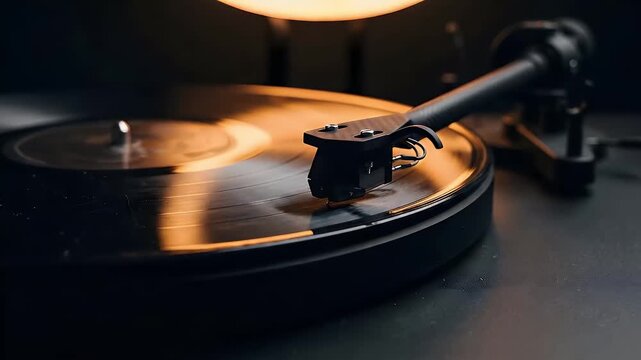 vintage turntable playing a vinyl record with warm light reflections, seamless loop for lofi music