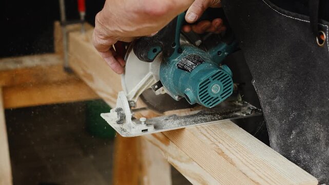 4K 60fps Slow motion video of a carpenter at work. Close up shot of male artisan hands cutting a pine timber board with an electric circular power saw machine in an outdoor carpentry workshop.