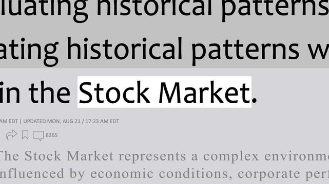 Stock market news background featuring changing headlines, financial articles, editorial layouts, and dynamic typography for business and finance media projects.