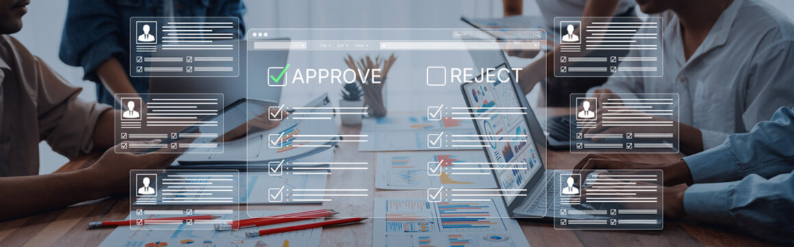 Collaborative Team Review Process Graphic with Approval and Rejection Interface Showing User Profiles and Checklists in an Office Setting. Bitwise.