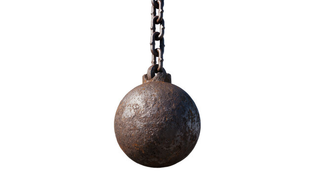 Heavy rusty metal wrecking ball with thick chain, isolated on transparent background