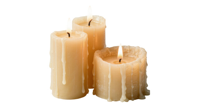 Three dripping pillar candles with burning flames, isolated on transparent background