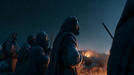 Fototapeta premium Shepherd looking at the night sky with a campfire in the distance