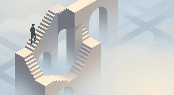 Staircase illustration with impossible architectural arches and surreal perspective
