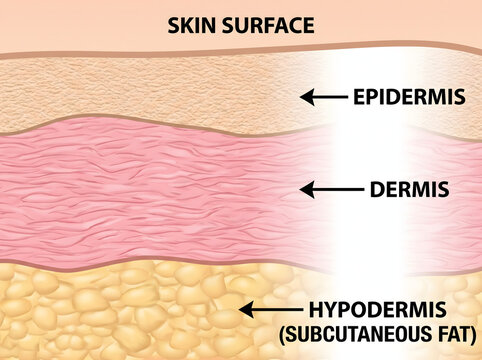 Detailed educational diagram showing cross section of human skin layers including epidermis dermis and hypodermis with labeled anatomical text components