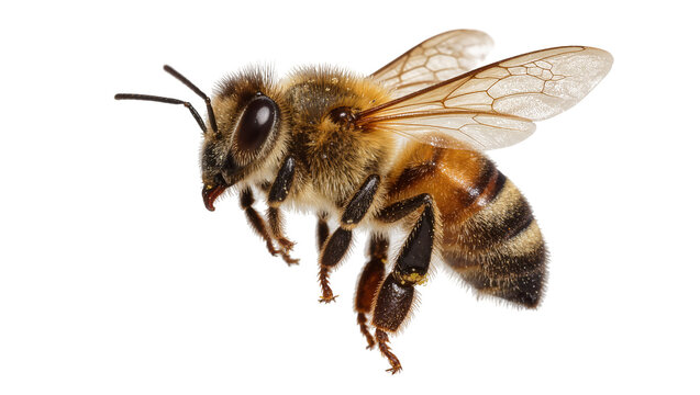 Fuzzy honey bee with striped abdomen, isolated on transparent background
