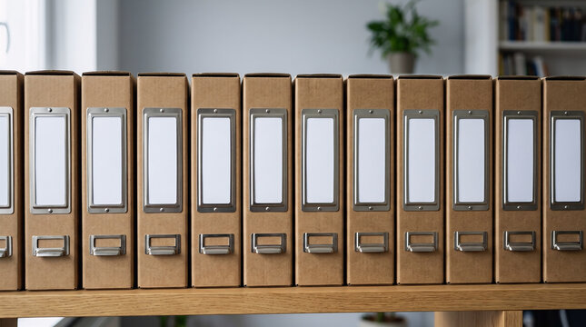 Row of cardboard archival document folders standing on a wooden desk with archival