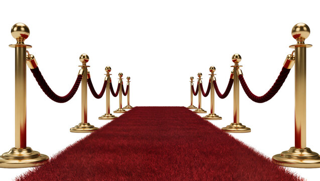 Luxurious red carpet with golden stanchions and velvet ropes, isolated on transparent background