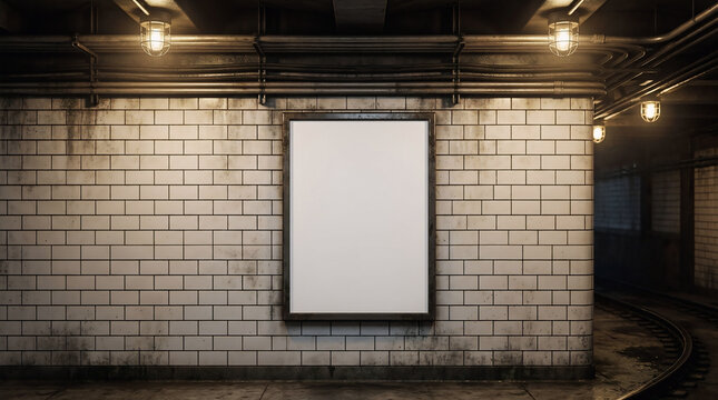 Blank billboard on a subway tunnel brick wall in low light with billboard, advertising