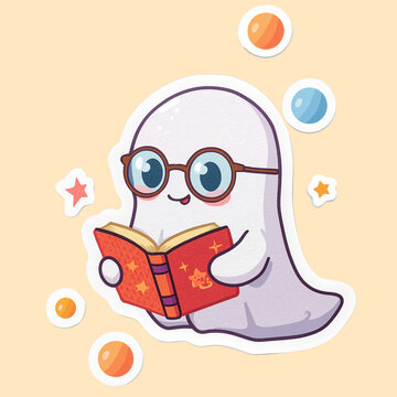 An adorable ghost wearing round glasses and reading a spell book