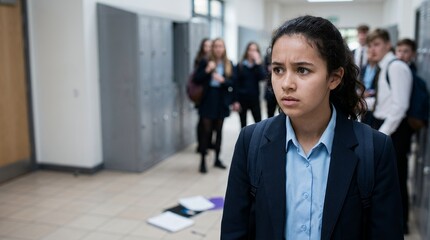 Fototapeta premium A worried teenage girl standing in a school hallway with students in the background.
