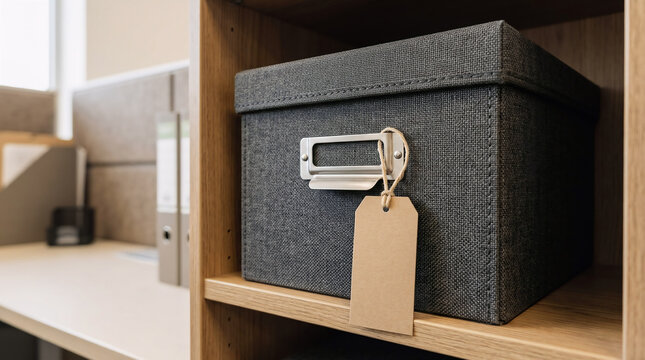 Dark gray storage box with tag on wooden shelf in modern office environment, organizer