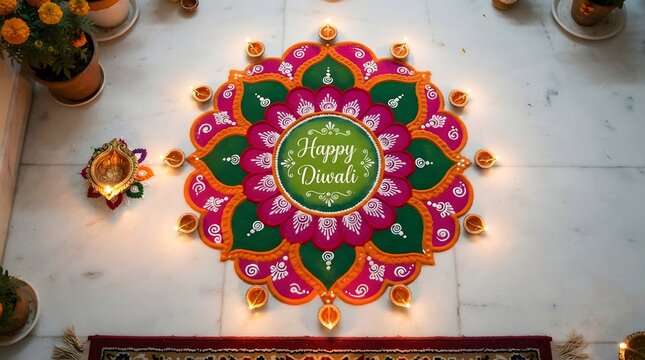 Beautiful colorful rangoli design on floor with lit diya lamps for diwali festival celebration
