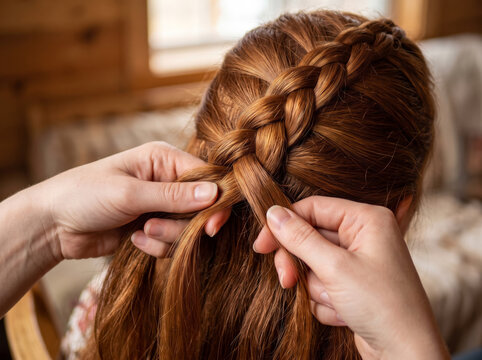 Weaving Dutch French Crown Braid on Red Hair
