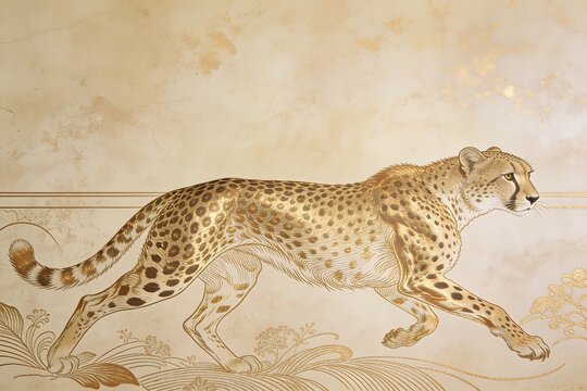 Hand drawn gold bronze linework cheetah runs dynamically across a warm beige textured wallpaper mural in vintage engraving style
