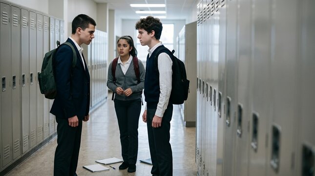 Group of teenage students standing in a school hallway between rows of metal lockers.
