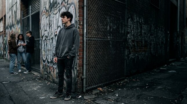 A lonely young man standing in a dark urban alleyway with friends in the background.