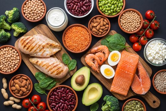 Top view of healthy food ingredients for balanced diet with grilled chicken salmon and fresh vegetables