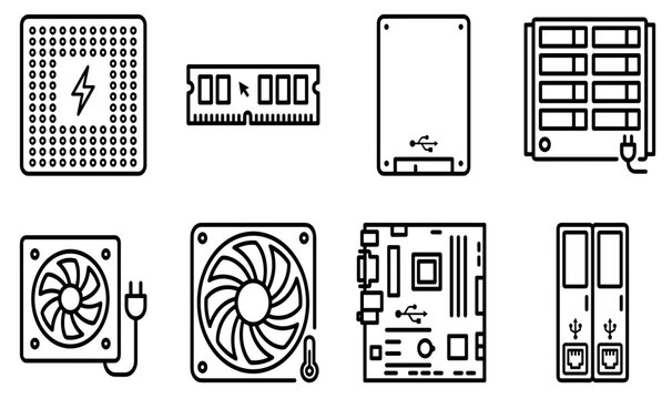 Computer Hardware and PC Component Line Icon Set Featuring Processor RAM Motherboard Cooler Fan Hard Drive and Server Network Elements