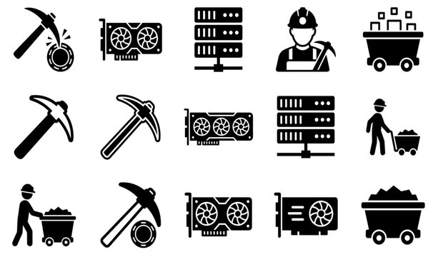 Cryptocurrency Mining and Blockchain Technology Glyph Solid Icon Set Featuring Miners Pickaxes GPU Graphics Cards Server Datacenters and Coal Cart Symbols