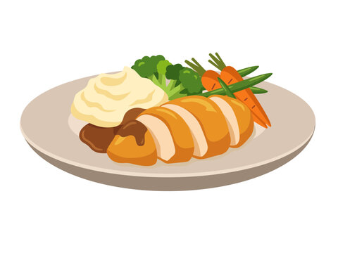 Delicious roasted chicken breast dinner with mashed potatoes, gravy, broccoli, and carrots on a plate. Healthy, balanced meal vector illustration for menu design.