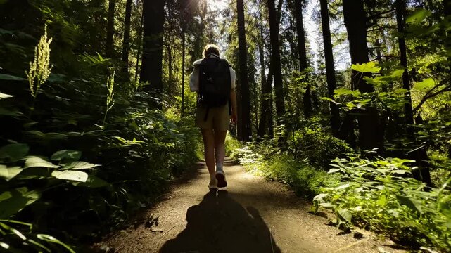 Camera follows a female hiker walking away on a lush green forest dirt path illuminated by a bright sun flare and shadows