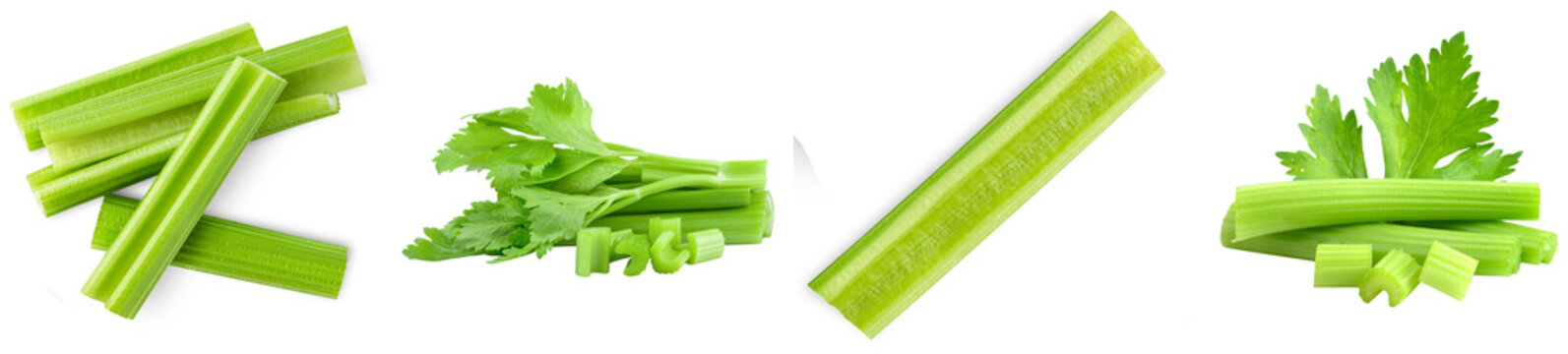 Fresh celery stalks and chopped pieces isolated on a white background