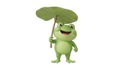 Fototapeta premium Playful green frog cartoon holding a leaf umbrella, smiling in a cheerful forest scene with nature and rain imagery.