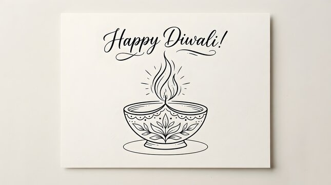 Happy diwali greeting card with a handdrawn illustration of a lit diya oil lamp, isolated on white background