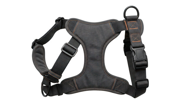 Durable dark gray dog harness with visible orange stitching for comfortable pet walks and training adventures transparent background
