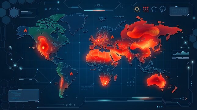Global warming heat map interface showing rising temperatures worldwide