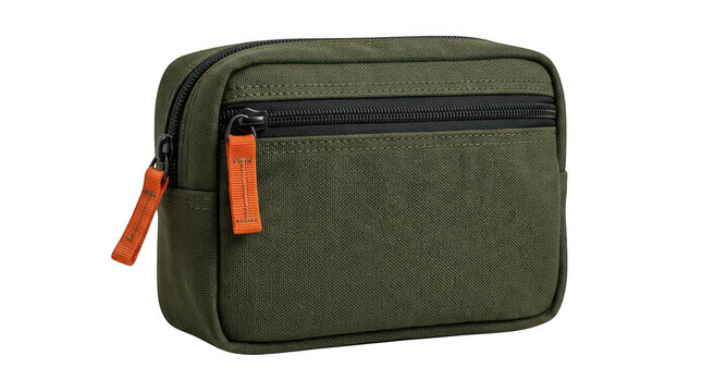 Olive green fabric travel organizer pouch featuring zipper closures and orange pull tabs on a white background transparent background