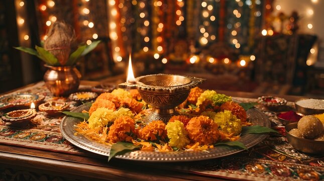 Traditional brass diya oil lamp on a decorated plate with marigold flowers for diwali celebration