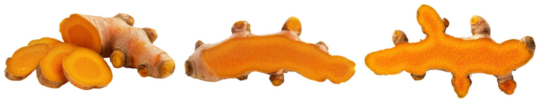 Fresh turmeric root and slices isolated on transparent background