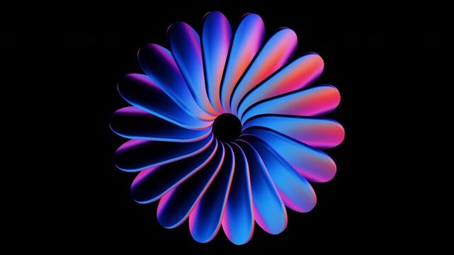 Vibrant 3D gradient flower with neon blue and pink spiral petals forming a radial, hypnotic pattern on a black background. Modern abstract design ideal for wallpaper, digital art, branding, and decora