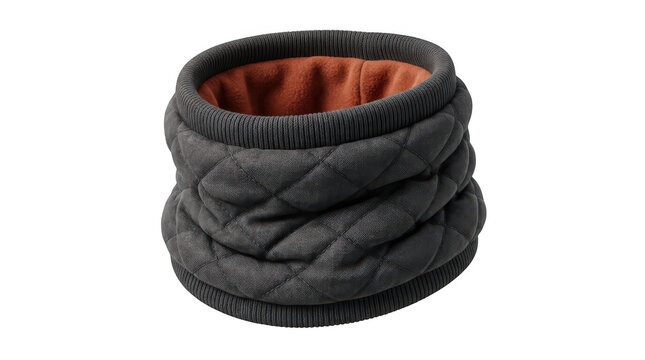 Warm quilted dark gray neck warmer featuring a soft orange interior lining for winter comfort and style on an isolated background transparent background