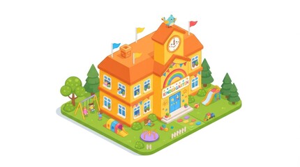 Naklejka premium Vibrant isometric orange-roofed building surrounded by trees and garden.