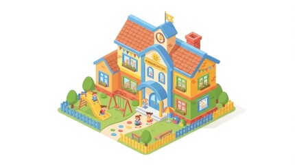 Fototapeta premium Colorful isometric house cluster with garden and vibrant neighborhood scene.