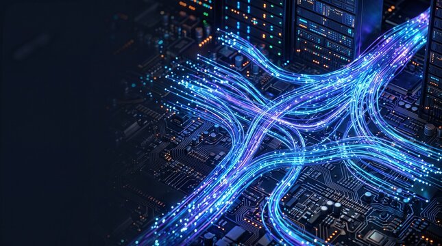data center infrastructure fiber optic cables high speed data transfer network server racks motherboard electronics circuit board components cloud computing hardware