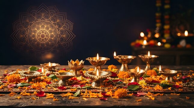 Traditional diwali celebration with lit brass oil lamps and scattered marigold flower petals on a wooden surface