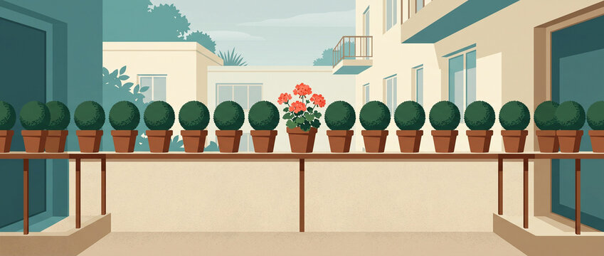 Row of identical green bushes in pots on a balcony with one blooming red flower standing out. Graphic illustration of individuality and breaking the pattern concept