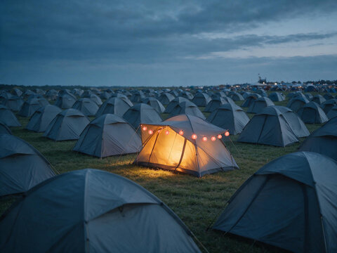 Illuminated tent with string lights standing out in a large field of identical grey tents at dusk. Concept of individuality and breaking the pattern