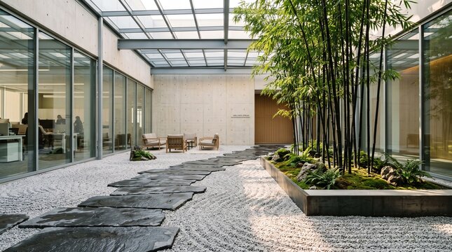 modern interior courtyard atrium design indoor bamboo garden corporate office courtyard zen garden architecture glass roof atrium skylight courtyard commercial interior landscaping
