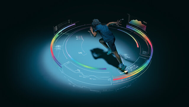 Female sprinter accelerating in dark studio with circular performance data and motion tracking overlays. Concept of performance analytics, sprint coaching and movement optimization.