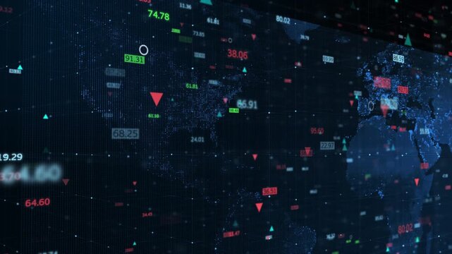 Digital world map with moving financial stock numbers, highlighting Strait of Hormuz global trade crisis and energy market.